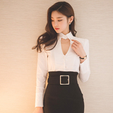 衬衣2016春装新款韩版女装性感镂空修身显瘦链条翻领长袖白色衬衫