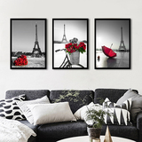 巴黎铁塔黑白风景装饰画客厅沙发背景墙画三联画卧室床头挂画壁画