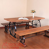 美式乡村复古实木餐桌椅 创意铁艺车轮 咖啡桌子长条椅子休闲桌椅