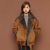 韩国代购Chic女新款韩版宽松大码中长款棕色羊羔绒皮毛一体短外套