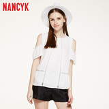 Nancyk夏新品宽松舒适雪纺中长款欧美时尚露肩短袖纯色圆领衬衫女