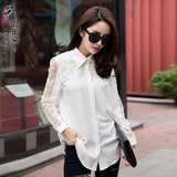 阿蜜姿胖mm加大码女装韩版时尚雪纺蕾丝拼接长袖中长款白色衬衫女