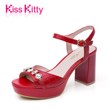 Kiss Kitty夏季新品凉鞋时尚鳄鱼纹闪耀晶女鞋防水台粗跟鞋女