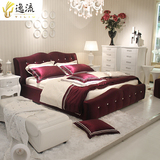 逸流简约欧式新古典后现代布艺床紫色拉钻布床软床1.8米双人床