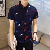 夏季短袖衬衫男韩版修身型时尚个性印花衬衣发型师潮款半袖青年潮