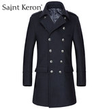 Saint Keron新款男士羊毛呢子大衣长款修身青年翻领双排扣呢外套