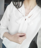 韩版V领蝴蝶结系带雪纺衫百搭飘带大码宽松薄款衬衣长袖白衬衫女