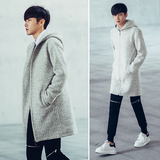 2016新款韩版修身时尚休闲男装连帽羊毛圈毛呢风衣拉链潮款大衣