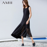 Amii[极简主义]2016夏无袖网纱不对称斜摆修身大码连衣裙11691060