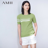 Amii 2016夏季新款女装简约打底衫修身条纹针织撞色短袖T恤 女潮