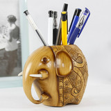 创意大象笔筒摆件 中式办公室书桌可爱树脂装饰品 手工实木摆饰品