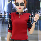 加绒加厚女T恤秋冬季韩版修身显瘦上衣百搭格子打底衫潮女装长袖