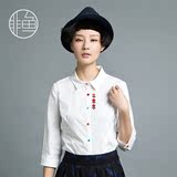 非鱼 2016春夏季新款七分袖白衬衫女式韩范学生纯棉绣花上衣女装