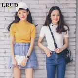 LRUD2016春夏新款韩版半高领纯色针织衫女套头弹力修身短袖打底衫