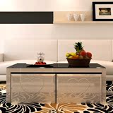 简约时尚钢化玻璃茶几黑白色 创意小户型客厅烤漆茶桌储物带凳子
