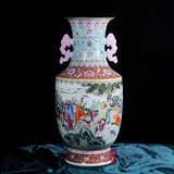 景德镇仿古陶瓷工艺品收藏摆件 粉彩老厂瓷人物童子花瓶 客厅装饰