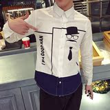 日本购 Tyonm 男装春秋新款长袖衬衫青少年文艺个性卡通印花潮男