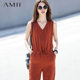 初上市价259元#Amii[极简主义]夏新休闲抽绳腰头V领无袖连体长裤