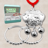 S990纯银宝宝银饰长命锁银锁三件套装 婴儿手镯出生满月礼物刻字