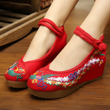 老北京布鞋女鞋春秋季民族风绣花鞋坡跟单鞋内增高厚底红色结婚鞋