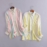 日本原单 真丝双绉渐进色条纹灯笼袖长袖衬衫 复古 百搭 特价