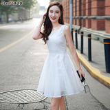 2016夏季新款女装韩版收腰修身无袖蓬蓬裙子白色欧根纱短裙连衣裙