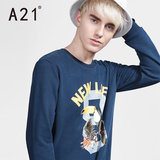 A21男装趣味印花圆领长袖卫衣  小清新动物字母图案男士卫衣衫