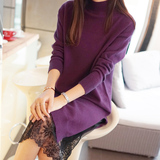 艾韩伊2015秋冬新款韩版女士打底半高领长款下摆分叉蕾丝毛衣裙厚