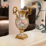 浮生 欧式宫廷复古双耳花瓶摆件精美彩绘创意家居装饰花器