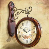 欧式双面挂钟 高档实木田园复古时钟 创意简约静音客厅两面钟表