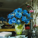 欧式陶瓷花瓶摆件洒金蓝色假玫瑰仿真花套装 室内装饰品摆放花艺