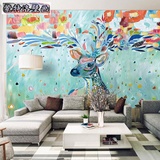 北欧水彩麋鹿大型壁画简约现代电视背景墙纸壁纸客厅卧室个性创意