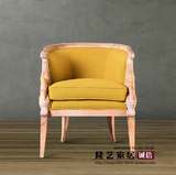 法式美式实木布艺单人沙发 休闲椅老虎椅手工雕花风化白复古沙发