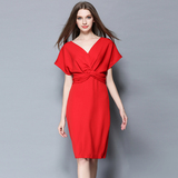 夏季欧美女装高端大牌显瘦性感时尚名媛气质ol短袖中长款连衣裙红