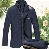 男士春季外套 韩版中长款男装立领夹克 商务休闲羊毛呢子大码外套