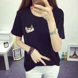 韩范短袖学生女T恤2016夏季新款大码宽松卡通上衣绣花口袋衣服女