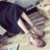2016夏季新款女鞋韩版绑带中跟罗马真皮流苏粗跟裸色一字扣带凉鞋