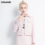 LUIMINE2016春装新款女装小香风粉色毛呢外套女 短款纯色显瘦上衣
