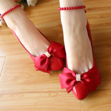 红色中跟婚鞋平底新娘鞋脚环蝴蝶结白色高跟珍珠脚链公主伴娘鞋女