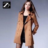ZK女装2016冬装新款英伦风麂皮绒西装领双排扣修身风衣外套中长款