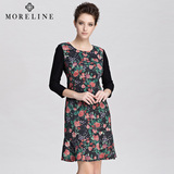 MORELINE沐兰正品圆领七分袖优雅玫瑰花连衣裙修身包臀式荷叶裙