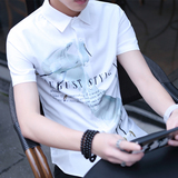短袖衬衫男夏季薄款青年修身印花男装韩版潮流休闲男士衣服白寸衫