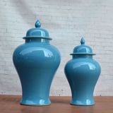 新中式简约现代蓝色瓷器将军罐 陶瓷大装饰罐摆件 客厅装饰花瓶