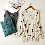 2015秋冬新款外贸女装韩版中长款宽松十字架图案毛衣针织衫套头女