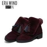 时代风冬季时尚羊猄羊毛女靴子 圆头流苏拉链粗跟中跟短靴E67202