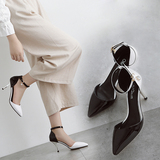 2016年新款单鞋女韩版浅口高跟细跟拼色黑白一字带扣真皮女鞋潮