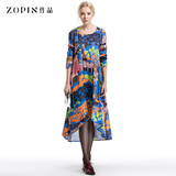 Zopin作品2015春季新款 宽松大码女装裙子民族风印花中长款连衣裙