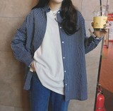 2016韩国新品百搭单排扣衬衣外套 BF风宽松休闲竖条纹长袖衬衫女
