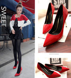 【天天特价】韩国款跟金属细跟漆皮绒面尖头大红色高跟女单鞋婚鞋