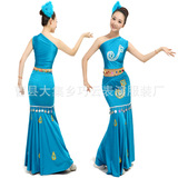 新款蓝色民族舞蹈服饰 专柜孔雀舞表演服 精品傣族象脚鼓舞演出服